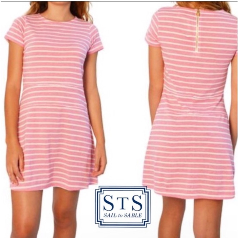 STS Sail Sable Womens Barbie Pink Striped Short Sleeve Cotton Blend Mini Dress L